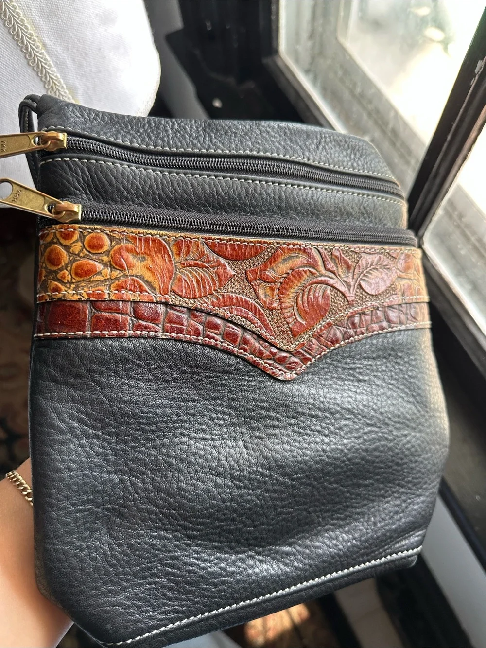 Leather western  Shoulder Bag with Embossed Floral Accent - Black & Orange